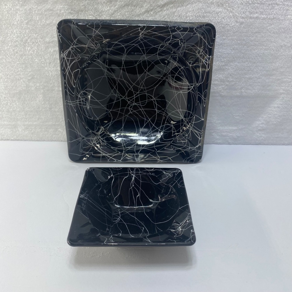 MCM Anchor Glass Atomic Black Square Art Glass Ashtray VTG Retro Spaghetti Desig